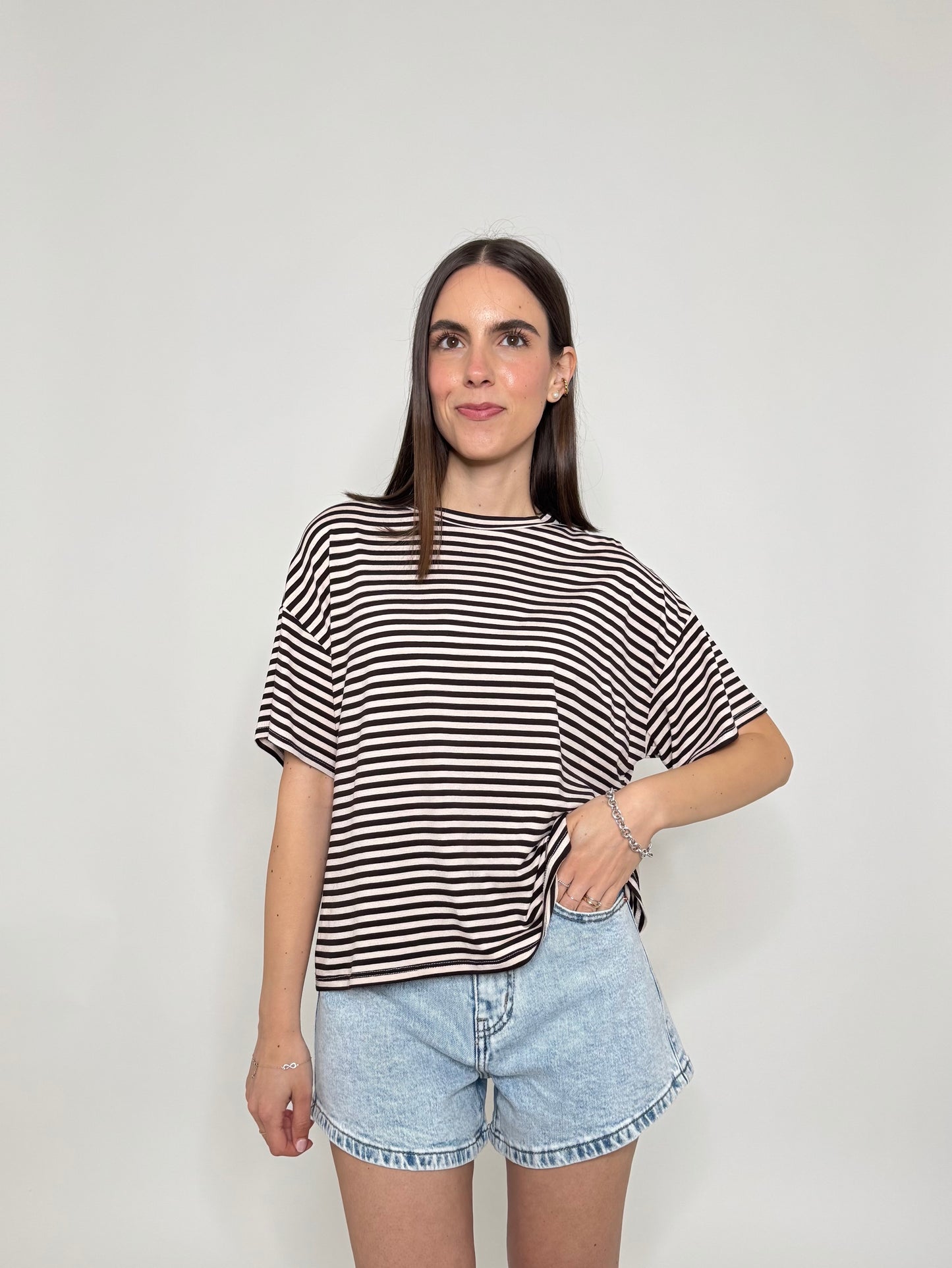 T-shirt a righe in jersey di viscosa Cioccolato/Panna
