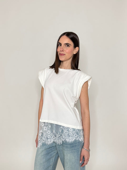 Maglia in cotone con spalle imbottite e pizzo Bianco