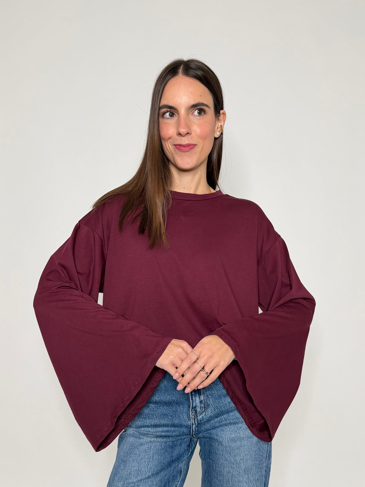 Maglia in cotone con manica a ampia bordeux
