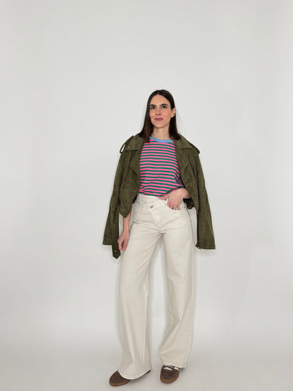 T-shirt a righe in cotone con contrasti Fucsia/Verde