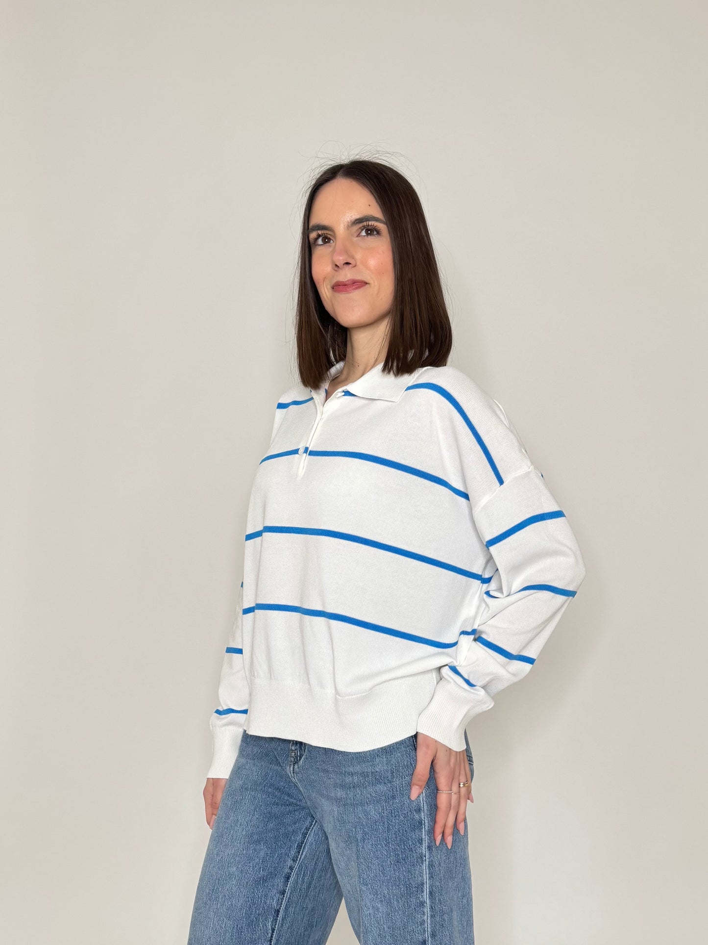 Polo in filo di viscosa a righe Bianco/Azzurro
