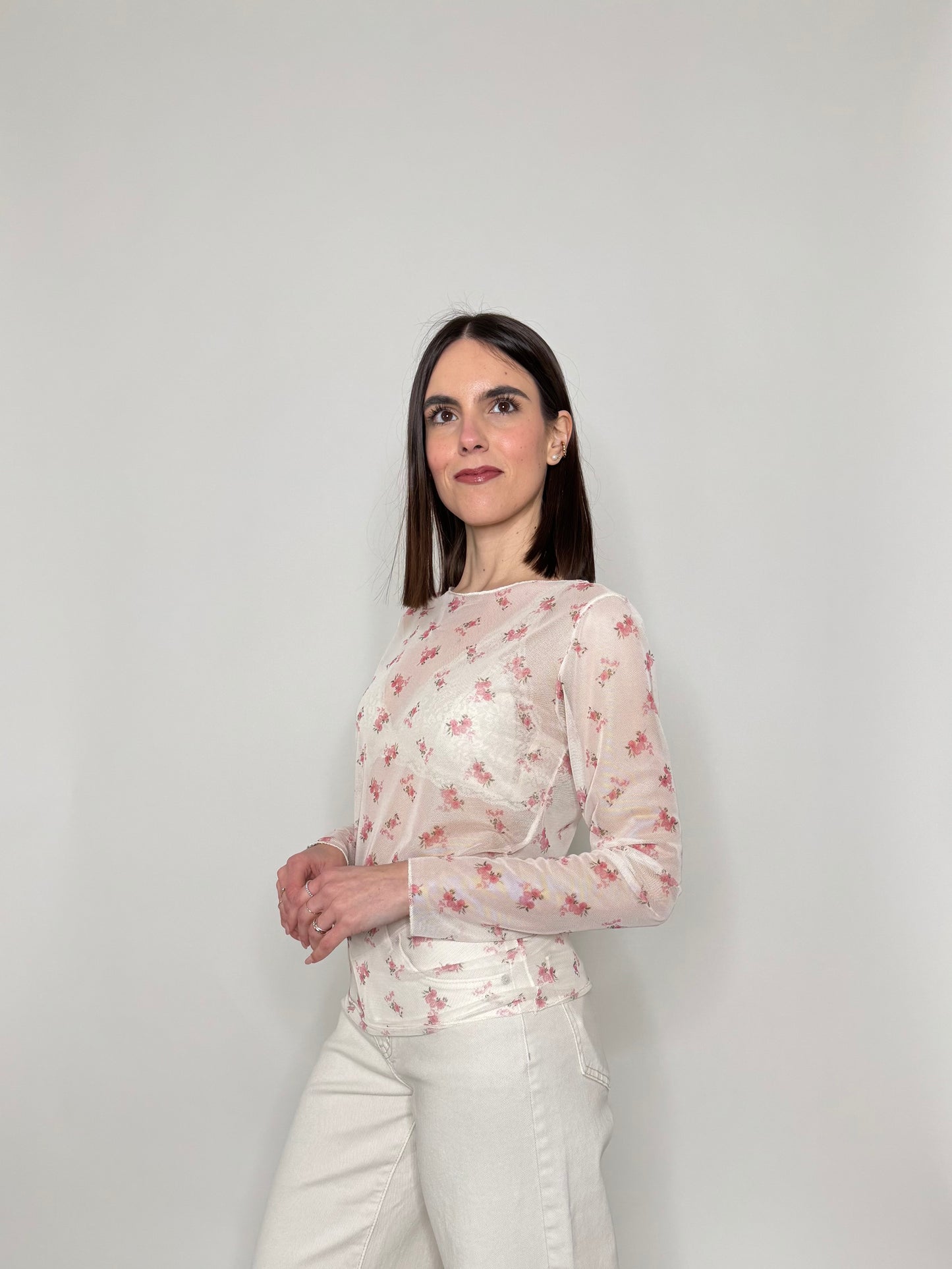 Maglia in tulle con micro fiori Panna