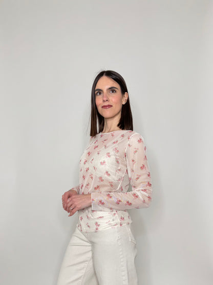 Maglia in tulle con micro fiori Panna
