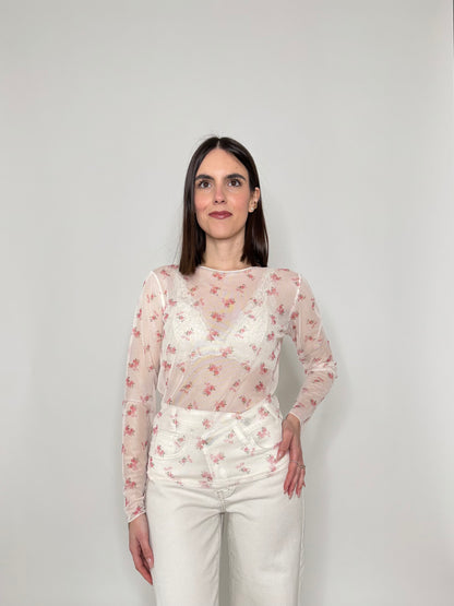 Maglia in tulle con micro fiori Panna