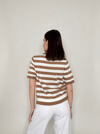 Maglia girocollo a righe manica corta in 100% cotone Camel/Panna