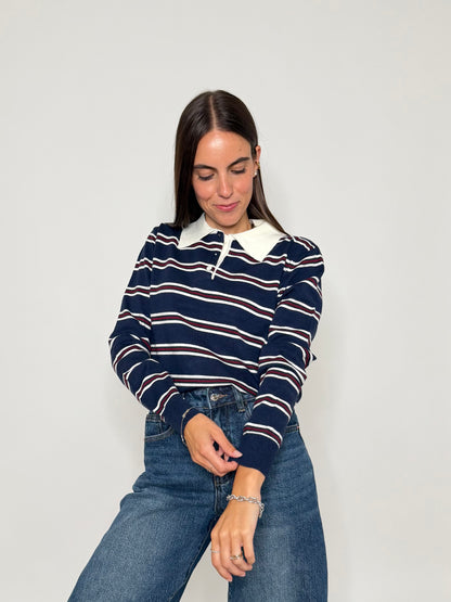 Polo a righe in viscosa blu navy/panna