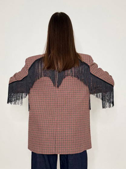 Giacca pied de poule bordeaux con frange