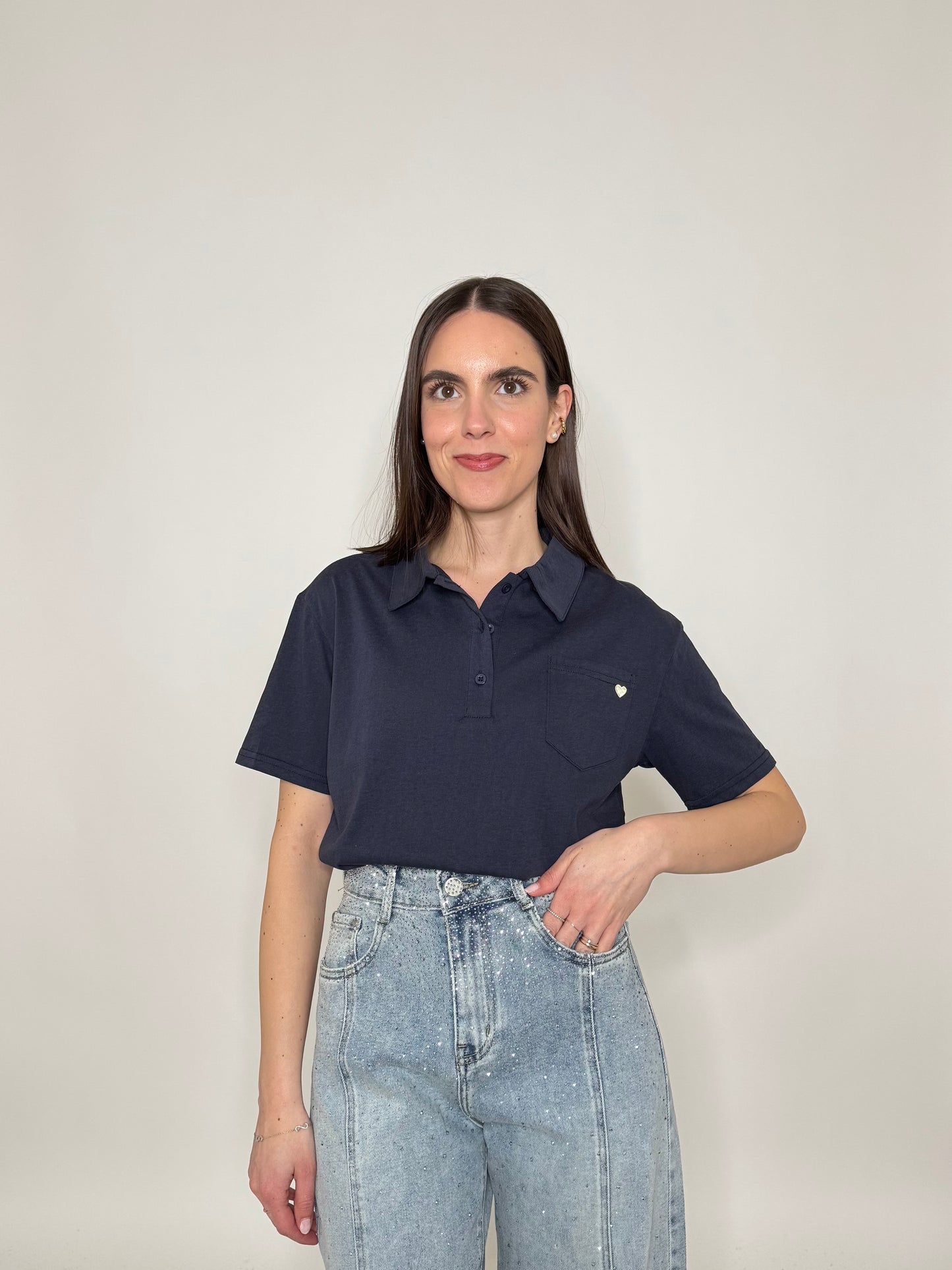 Polo basic light cotton con taschino e cuore Blu Navy