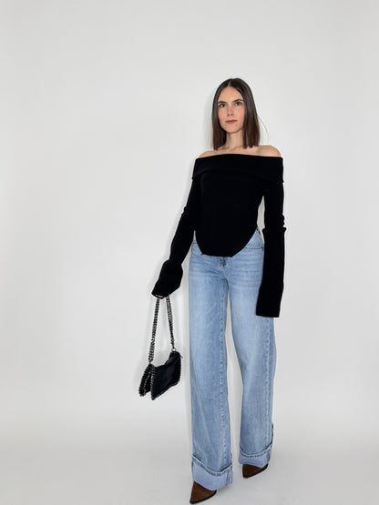 Maglia alla bardot spalle scese in viscosa Nero