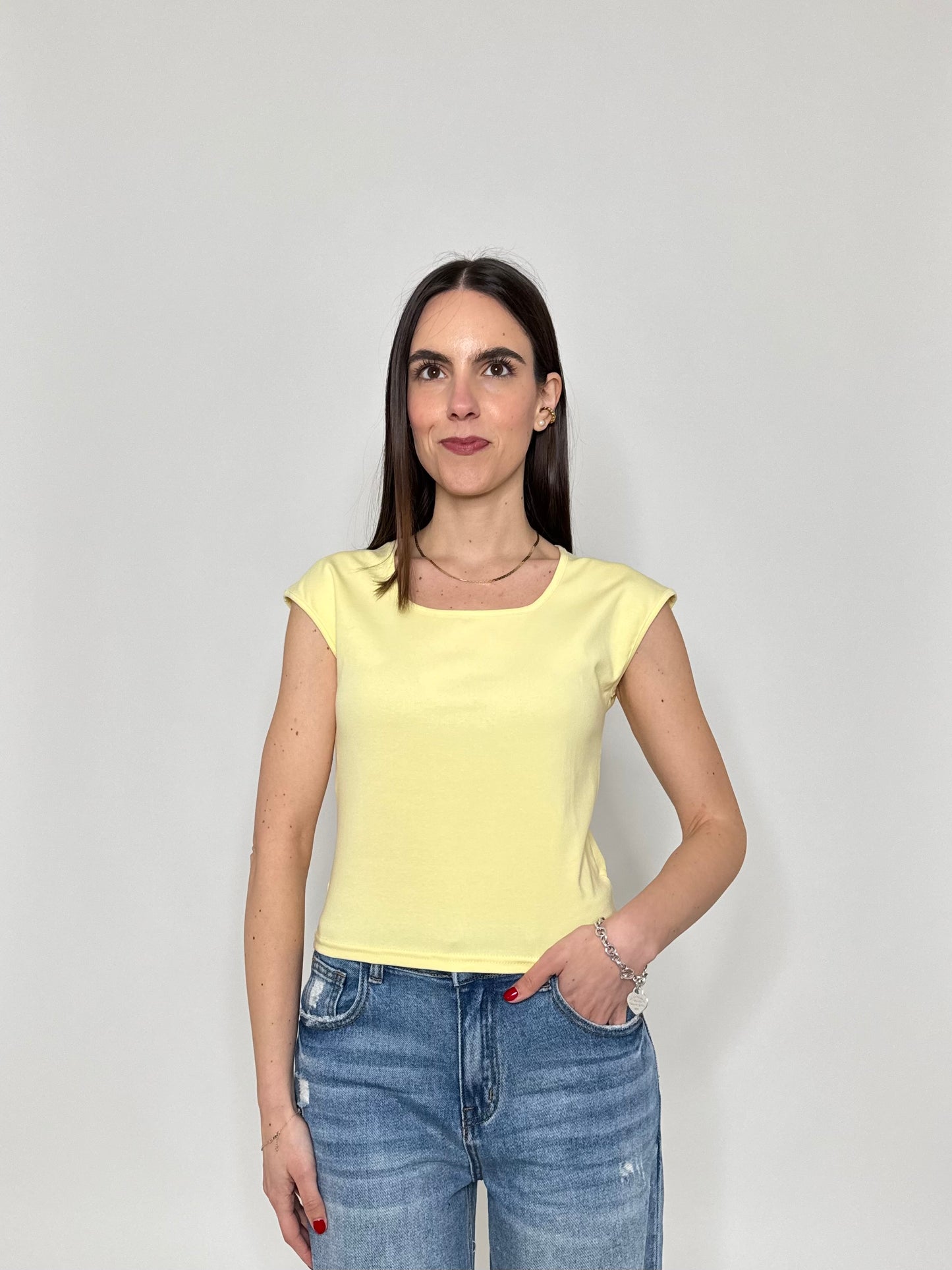 T-shirt scollo quadrato in cotone Giallo