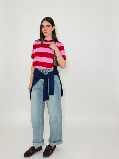 Maglia girocollo a righe manica corta in 100% cotone Confetto/Fragola/blu Navy