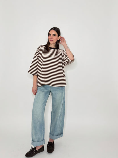 Maglia Felpa a righe light cotton in cotone Cioccolato/Panna
