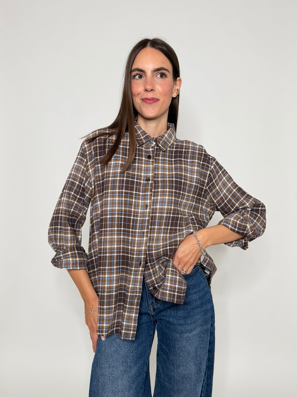 Camicia check vienna in cotone tabacco/celeste