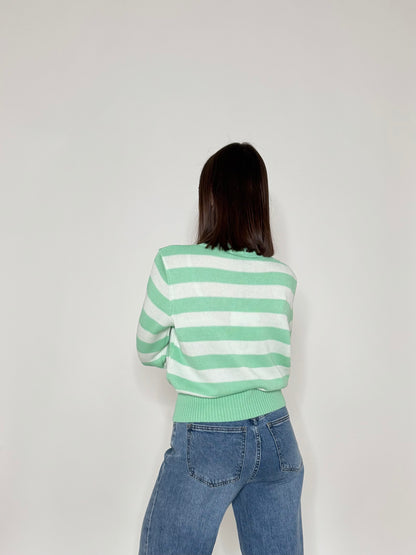 Maglia girocollo a righe in 100% cotone Latte/Menta