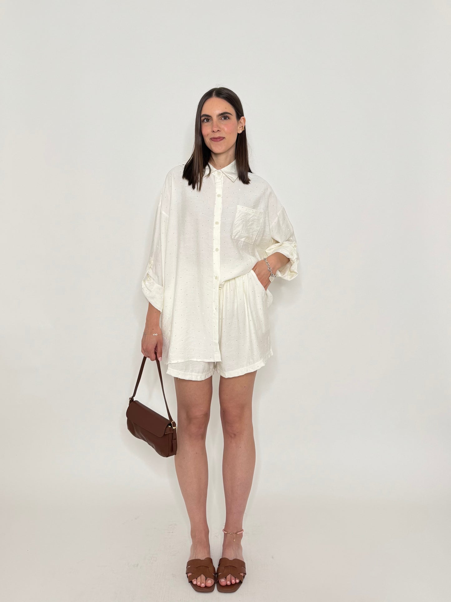 Completo in fresca viscosa micro Strass Panna