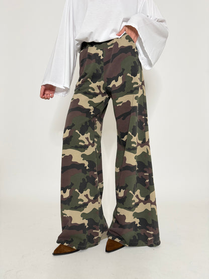 Pantalone palazzo camouflage chiaro in cotone