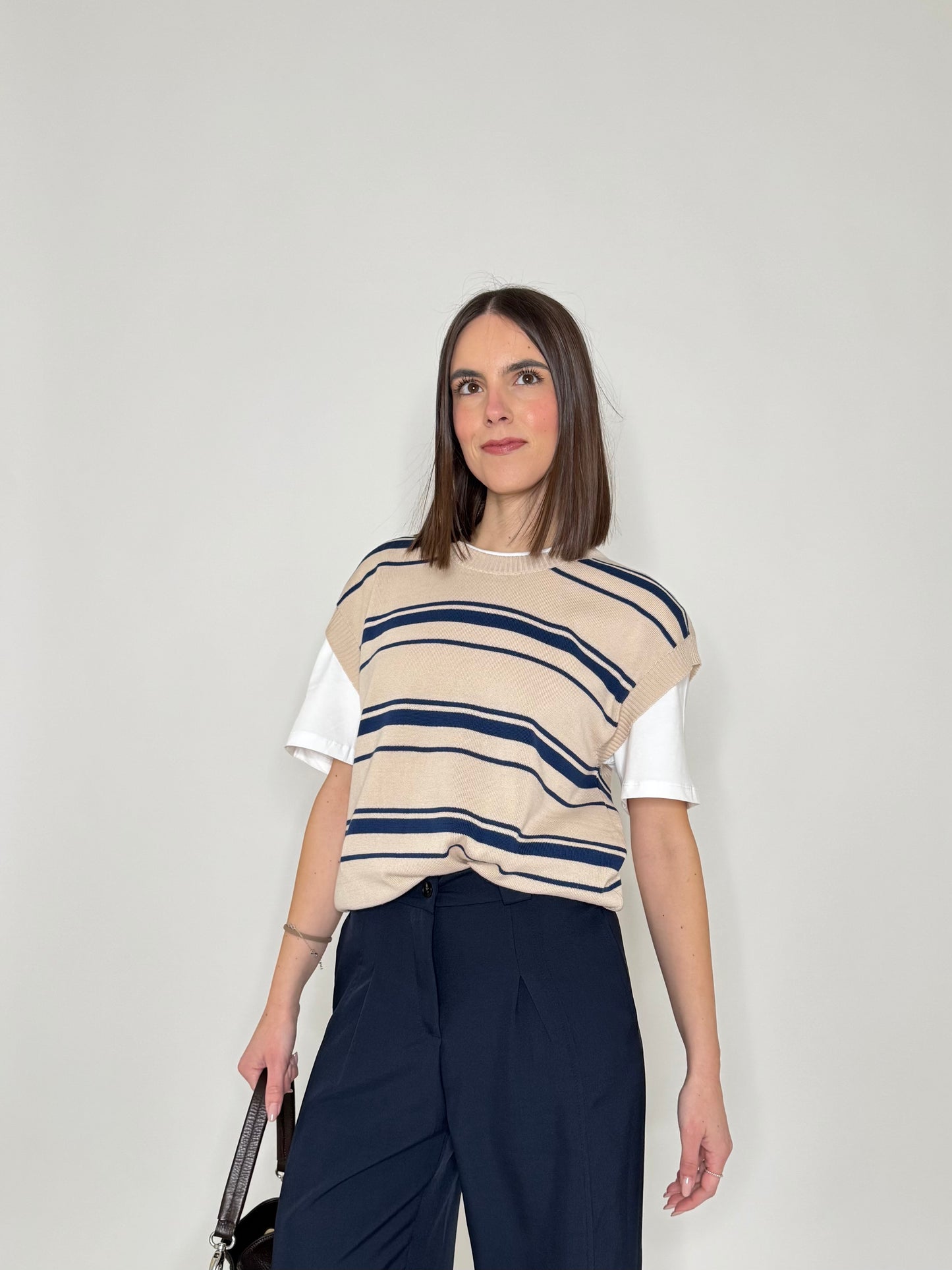 Gilet a righe in 100% cotone Beige/Navy