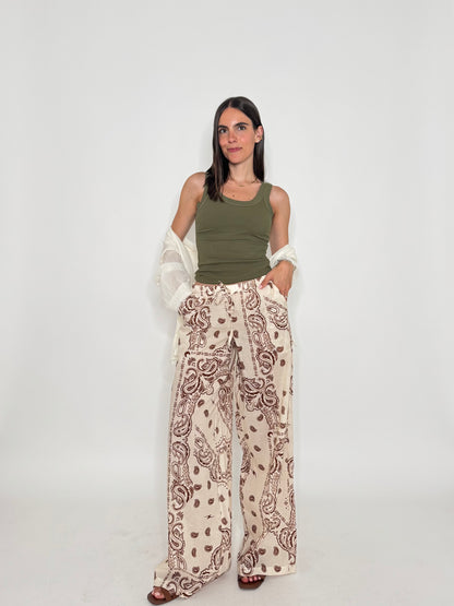 Pantalone in mussola di cotone stampa bandana Panna