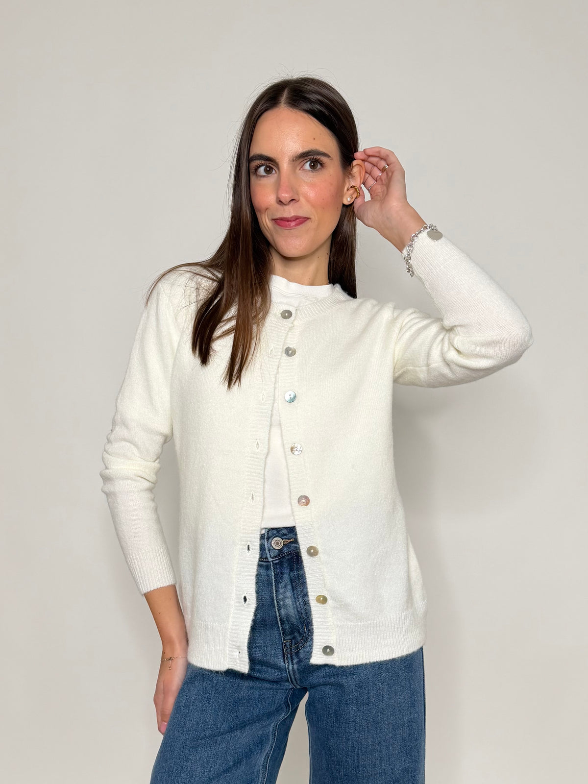 Cardigan "neve" in morbida viscosa e cotone bianco latte