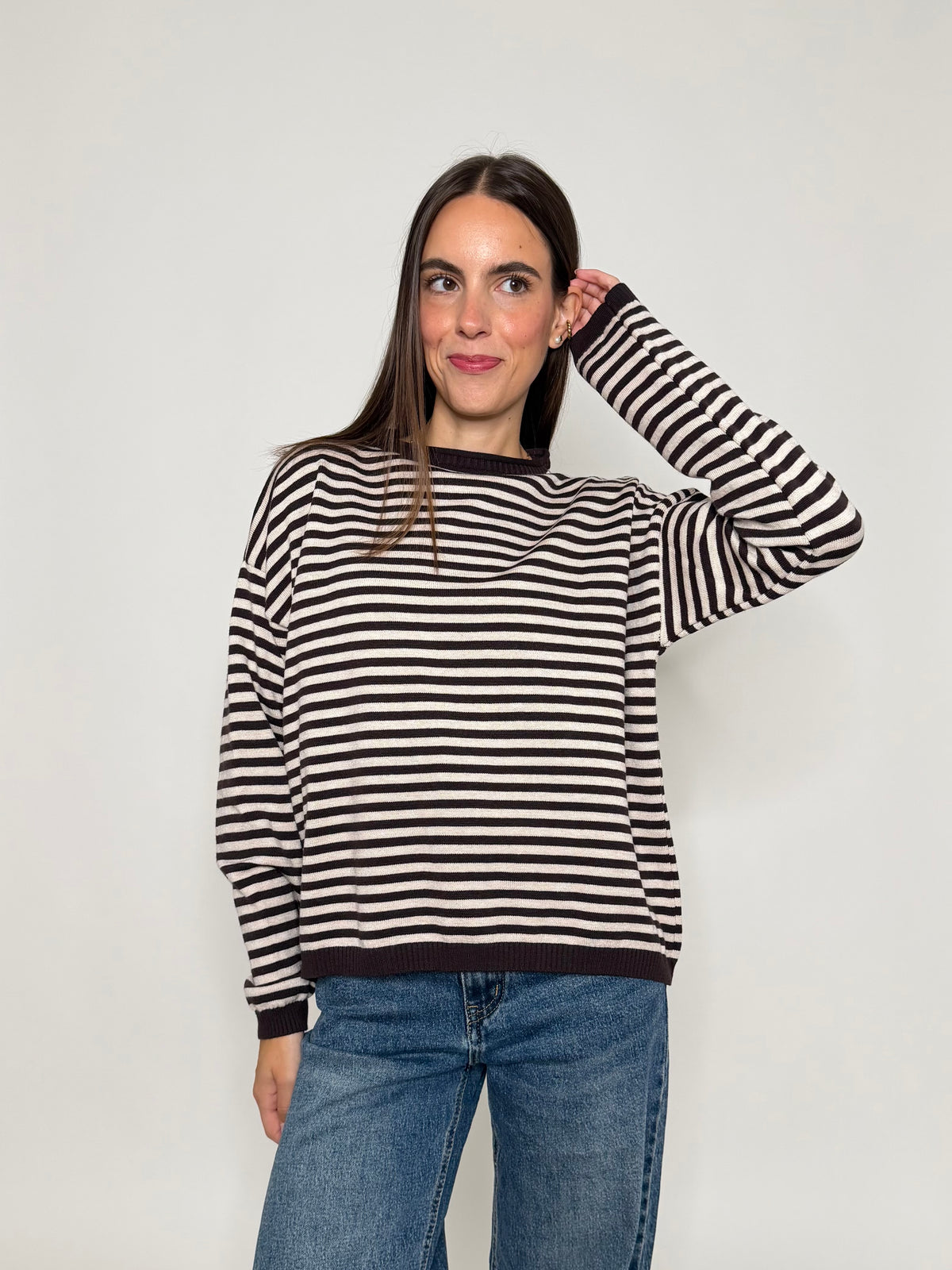 Maglia mille righe fit in morbida viscosa manica lunga coffee