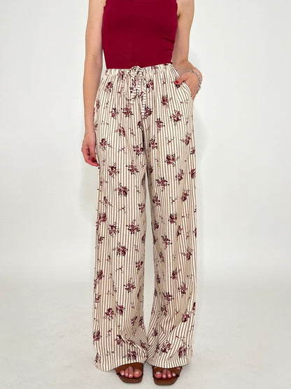 Pantalone in fantasia misto lino e viscosa panna