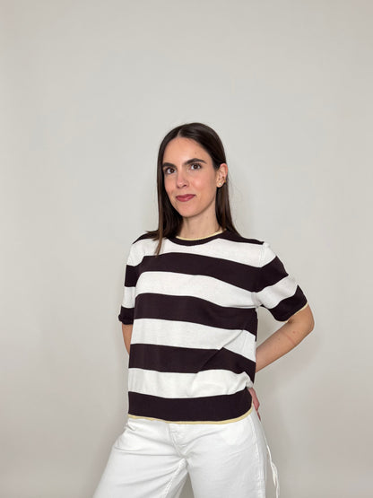 Maglia girocollo a righe manica corta in 100% cotone Moro/Panna