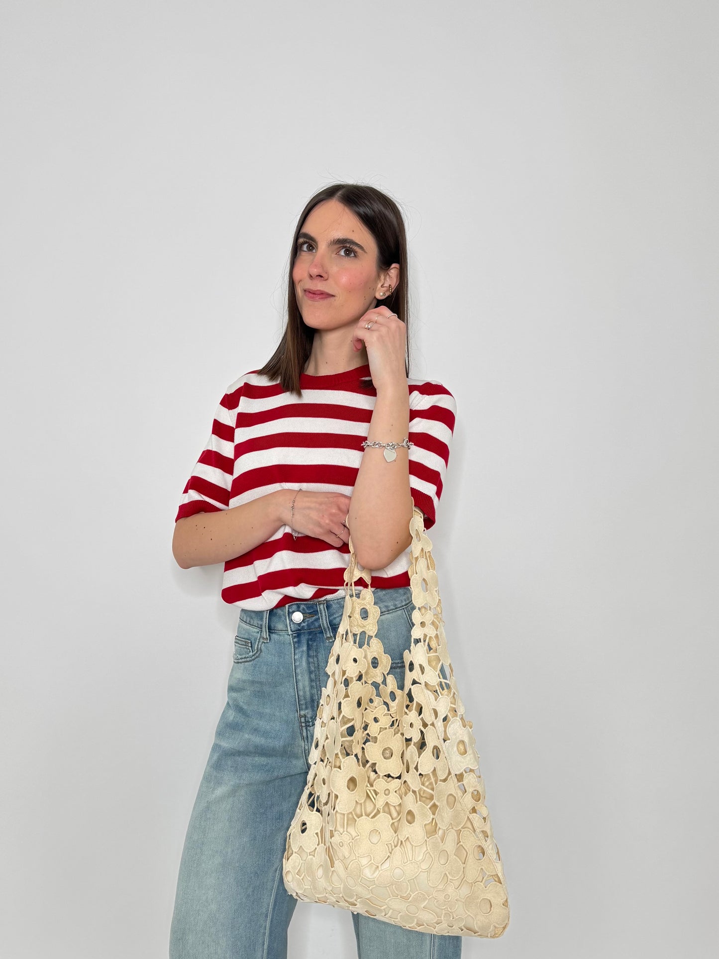Tote bag effetto macramè floreale Panna