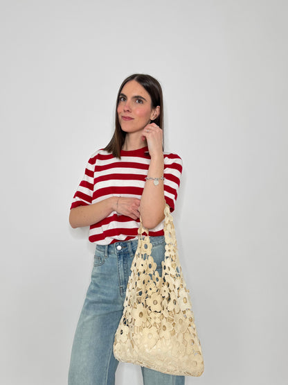 Tote bag effetto macramè floreale Panna