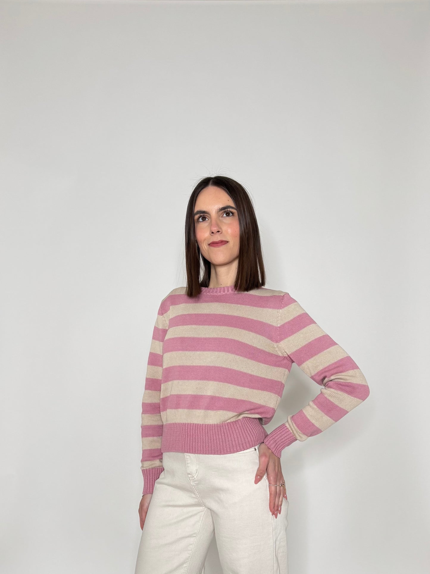 Maglia girocollo a righe in 100% cotone Rosa/beige
