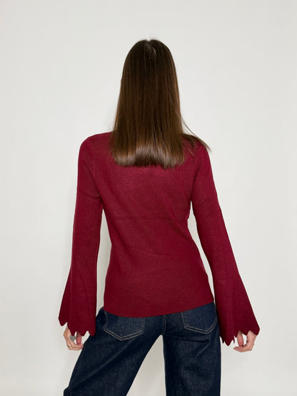 Maglia in morbida viscosa zigzag con manica a campana bordeaux