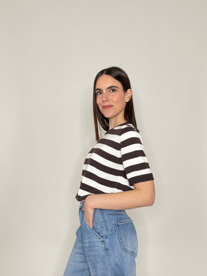 Maglia girocollo a righe manica corta in 100% cotone Moro/Panna