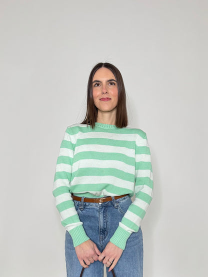 Maglia girocollo a righe in 100% cotone Latte/Menta