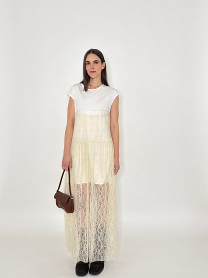 Abito lungo pizzo in cotone Crema/Bianco
