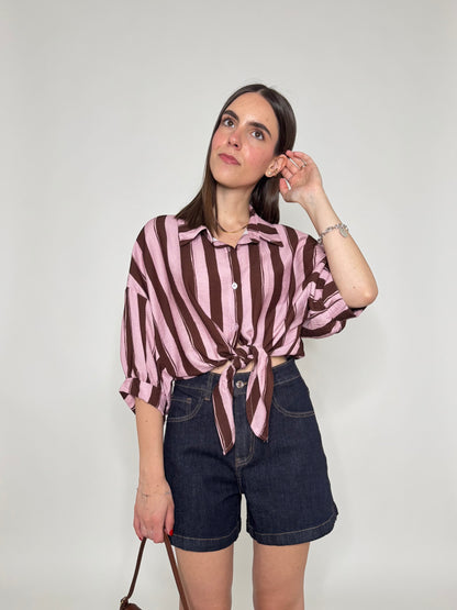 Camicia a righe cioccolato/rosa