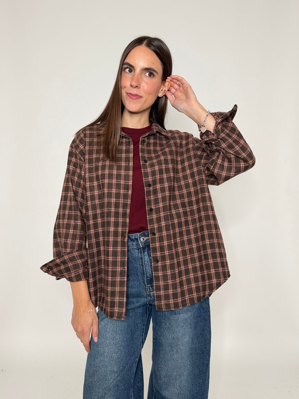 Camicia check vienna in cotone cioccolato/bordeaux