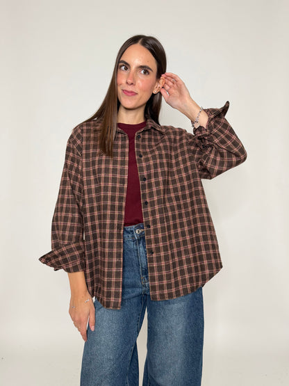 Camicia check vienna in cotone cioccolato/bordeaux