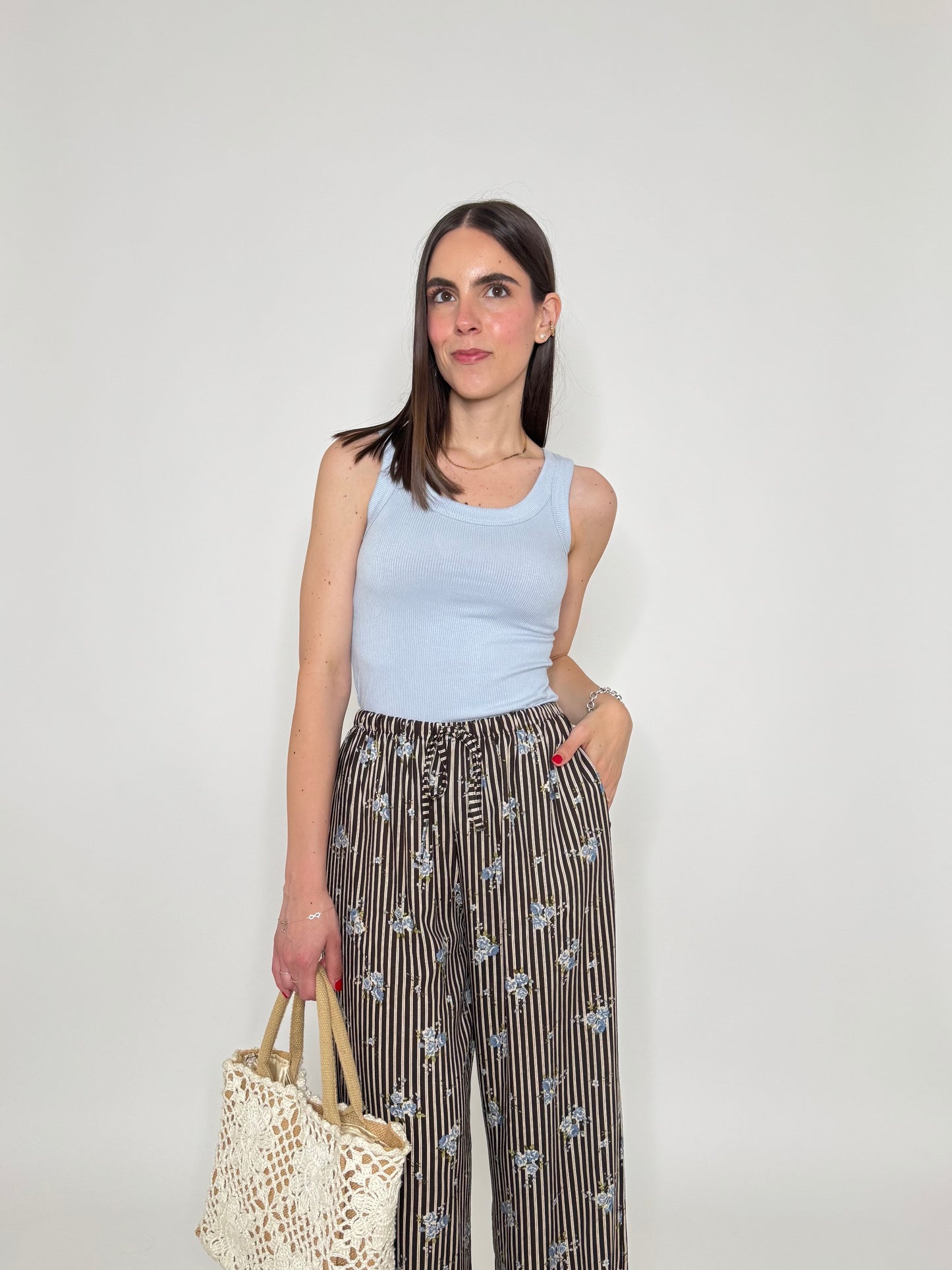 Pantalone in fantasia misto lino e viscosa Cioccolato