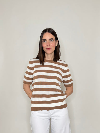 Maglia girocollo a righe manica corta in 100% cotone Camel/Panna
