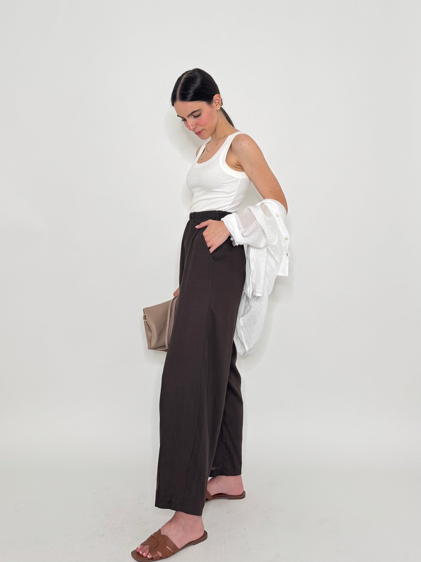 Pantalone ovetto in viscosa e lino Cioccolato