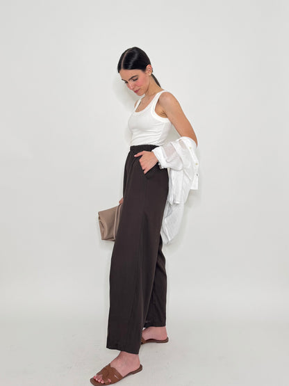 Pantalone ovetto in viscosa e lino Cioccolato