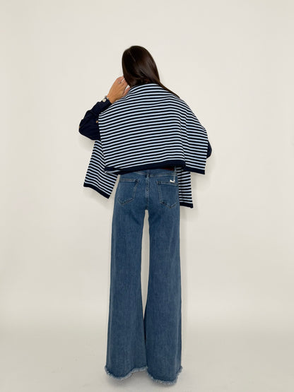 Jeans Wide Leg vita alta sfrangiato in Denim Blu