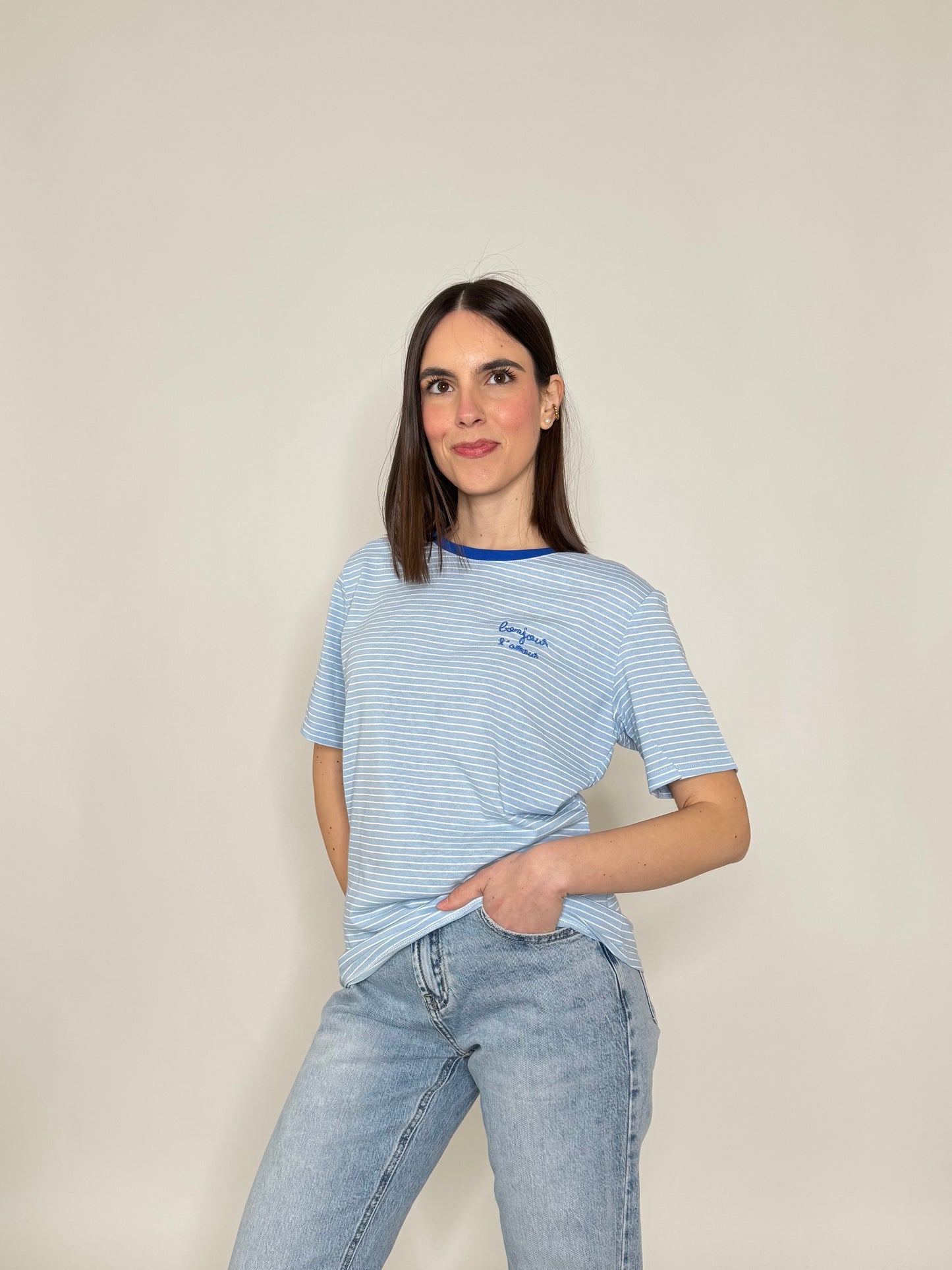 T-shirt righe light cotton Celeste