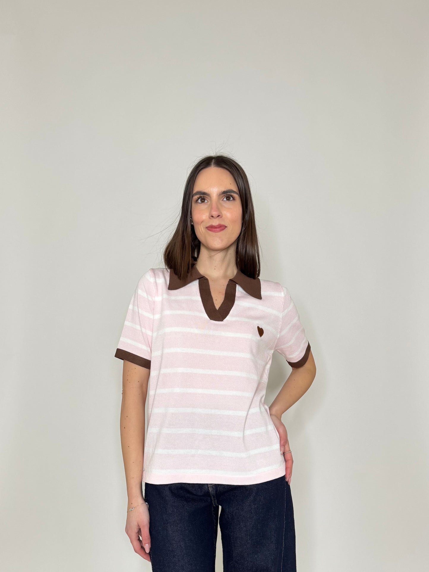 Polo maniche corte in filo di viscosa a righe rosa e bianco