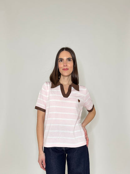 Polo maniche corte in filo di viscosa a righe rosa e bianco