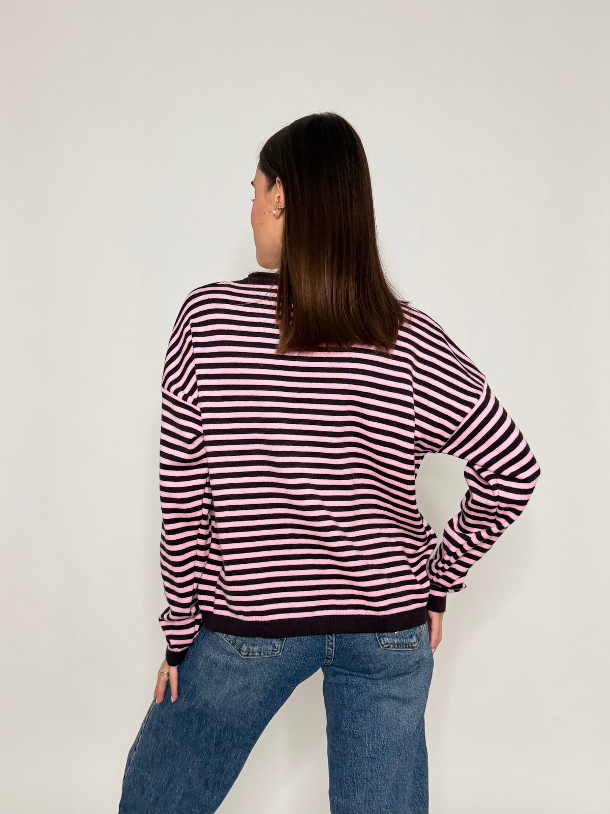 Maglia mille righe fit in morbida viscosa manica lunga rosa