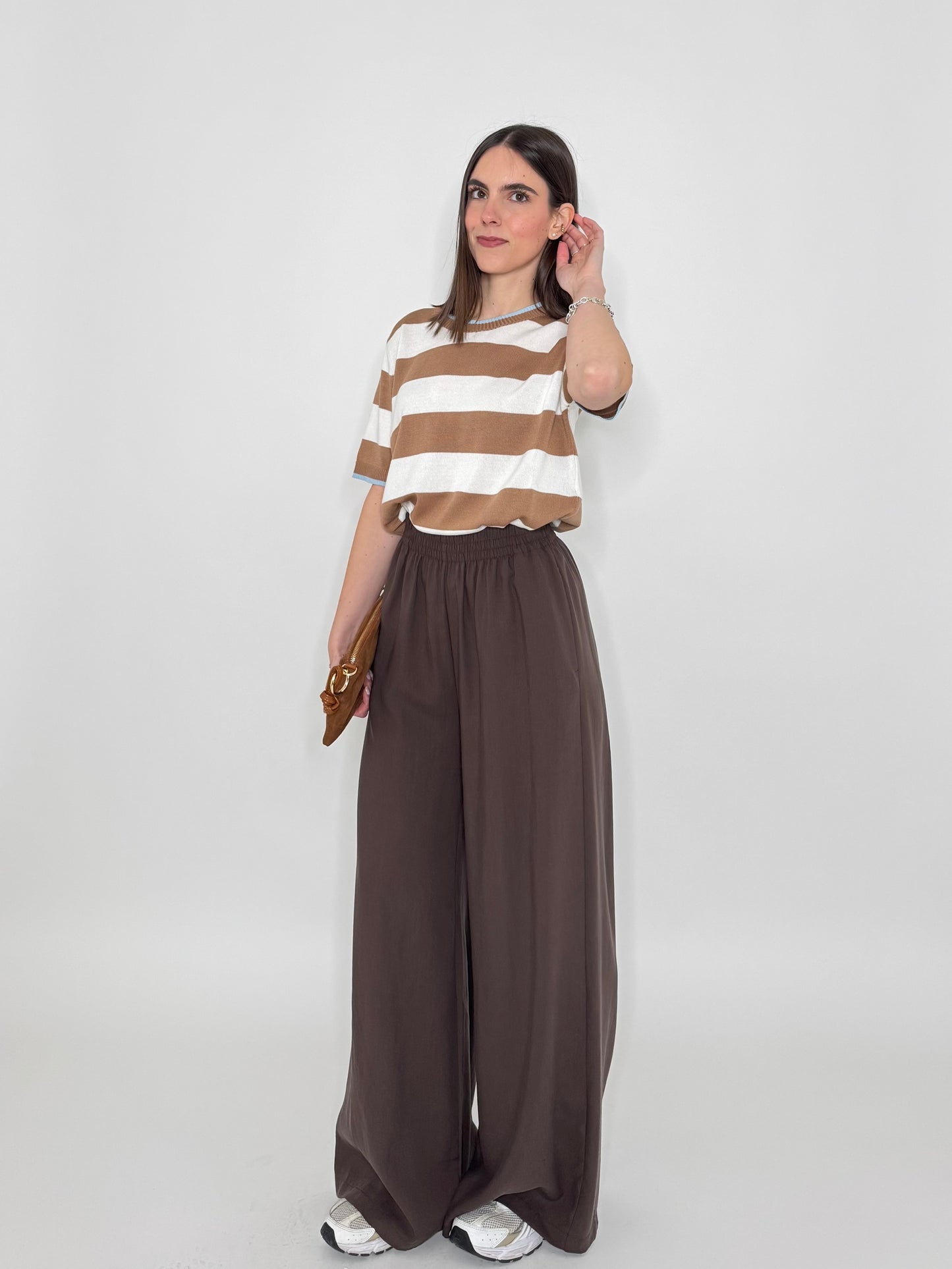 Maglia girocollo a righe manica corta in 100% cotone Panna/Camel/Celeste