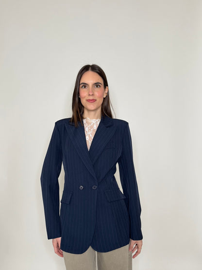 Giacca gessata doppiopetto intreccio Blu Navy