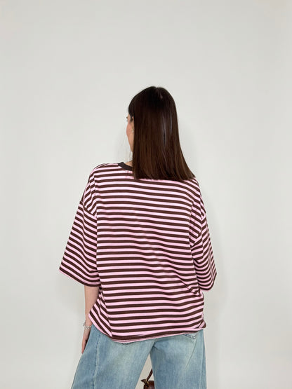 Maglia Felpa a righe light cotton in cotone Cioccolato/Rosa