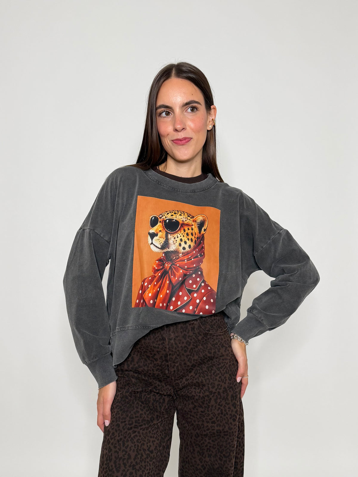 Felpa in Cotone con stampa base arancio grigio mélange