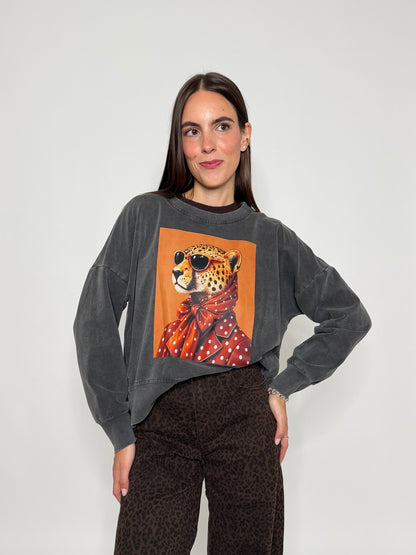 Felpa in Cotone con stampa base arancio grigio mélange